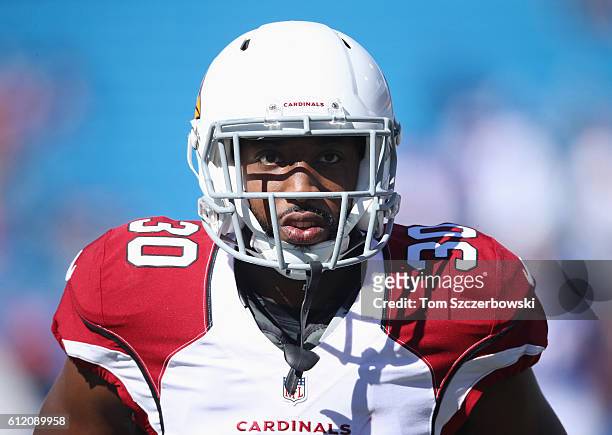 Stepfan Taylor of the Arizona Cardinals warms up before the start of NFL game action against the Buffalo Bills at New Era Field on September 25, 2016...
