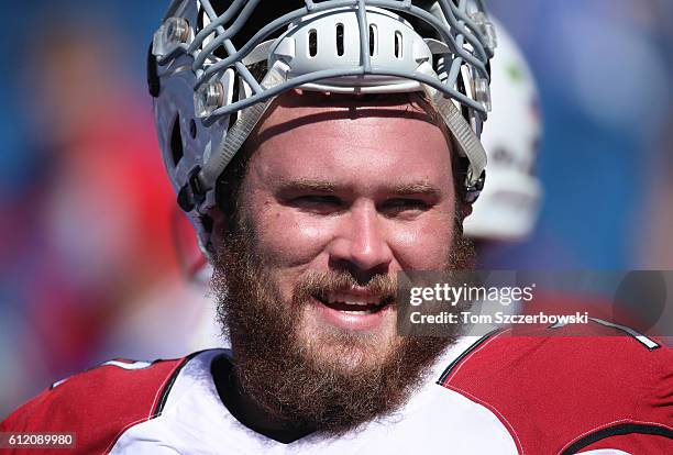 Evan Boehm of the Arizona Cardinals warms up before the start of NFL game action against the Buffalo Bills at New Era Field on September 25, 2016 in...