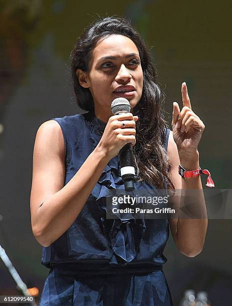 Actress Rosario Dawson onstage at 2016 Many Rivers To Cross Festival at Bouckaert Farm on October 2, 2016 in Fairburn, Georgia.
