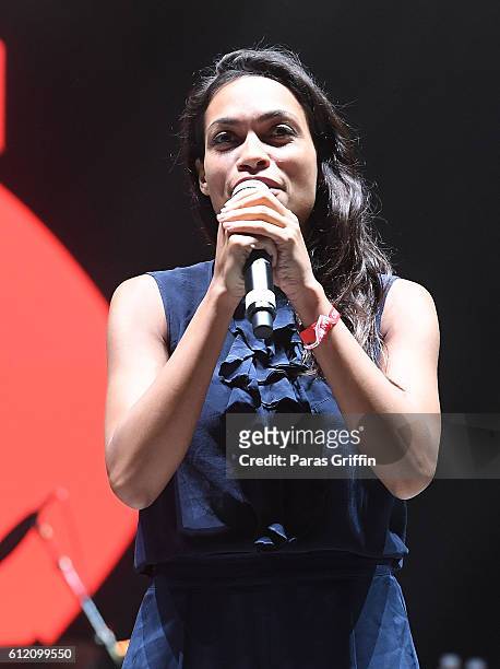 Actress Rosario Dawson onstage at 2016 Many Rivers To Cross Festival at Bouckaert Farm on October 2, 2016 in Fairburn, Georgia.
