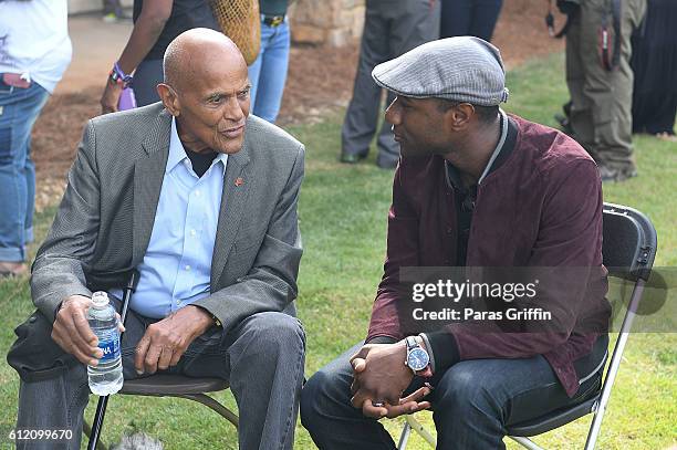 Actor Harry Belafonte and singer Aloe Blacc attends2016 Many Rivers To Cross Festival at Bouckaert Farm on October 2, 2016 in Fairburn, Georgia.