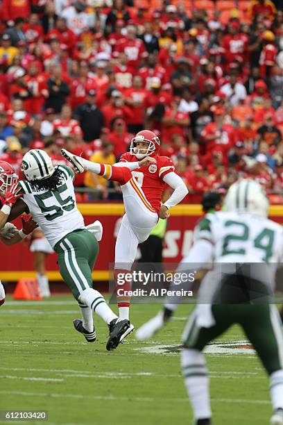 Punter Dustin Colquitt of the Kansas City Chiefs hits a long one against the New York Jets on September 25, 2016 at Arrowhead Stadium in Kansas City,...