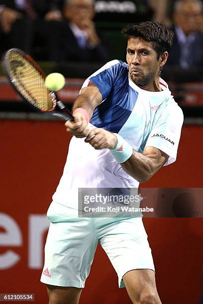 Fernando Verdasco of Spain plays a backhand during the men's singles first round match against Go Soeda of Japan on day one of Rakuten Open 2016 at...