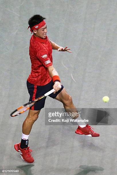 Kei Nishikori of Japan plays a forehand during the men's singles first round match against Donald Young of USA on day one of Rakuten Open 2016 at...