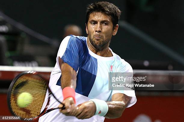 Fernando Verdasco of Spain plays a backhand during the men's singles first round match against Go Soeda of Japan on day one of Rakuten Open 2016 at...