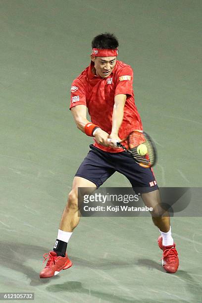 Kei Nishikori of Japan in action during the men's singles first round match against Donald Young of USA on day one of Rakuten Open 2016 at Ariake...