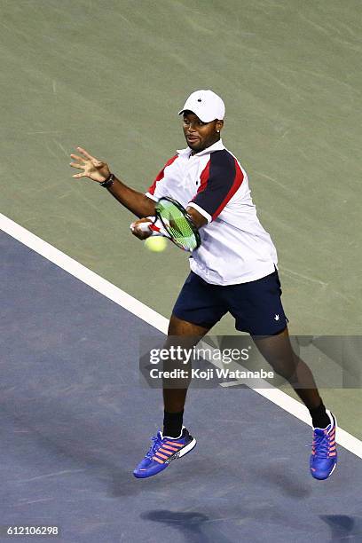 Donald Young of USA in action during the men's singles first round match against Kei Nishikori of Japan on day one of Rakuten Open 2016 at Ariake...