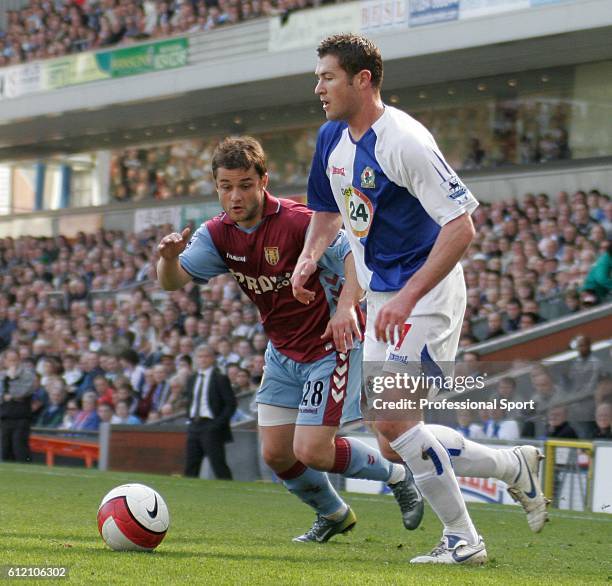 Brett Emerton of Blackburn Rovers moves past Shaun Maloney of Aston Villa during the Barclays Premiership match between Blackburn Rovers and Aston...