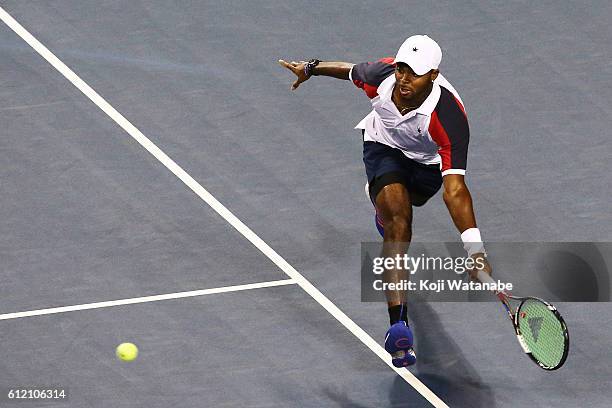 Donald Young of USA in action during the men's singles first round match against Kei Nishikori of Japan on day one of Rakuten Open 2016 at Ariake...