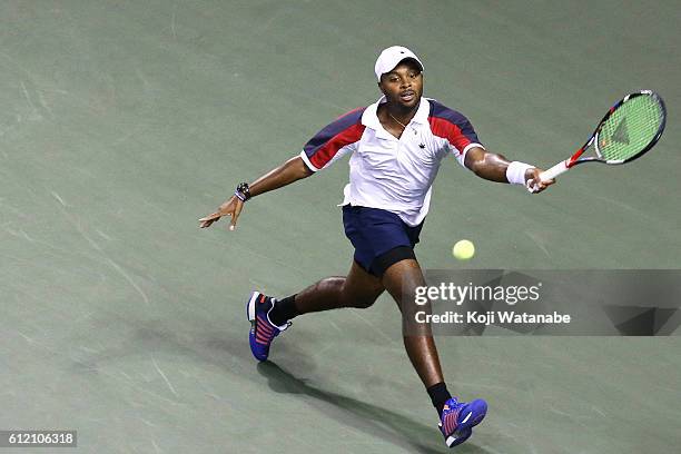 Donald Young of USA in action during the men's singles first round match against Kei Nishikori of Japan on day one of Rakuten Open 2016 at Ariake...