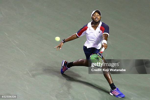 Donald Young of USA in action during the men's singles first round match against Kei Nishikori of Japan on day one of Rakuten Open 2016 at Ariake...