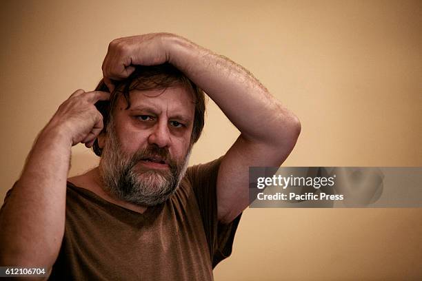 Portrait of Slavoj Zizek, who is a Slovenian psychoanalytic philosopher, cultural critic and Hegelian Marxist. His books include Living in the End...