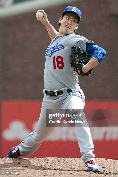 Kenta Maeda of the Los Angeles Dodgers starts in the season's last game against the San Francisco Giants at AT&amp;T Park in San Francisco on Oct. 2,...