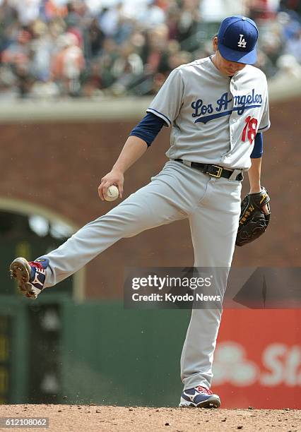 Kenta Maeda of the Los Angeles Dodgers starts in the season's last game against the San Francisco Giants at AT&amp;T Park in San Francisco on Oct. 2,...