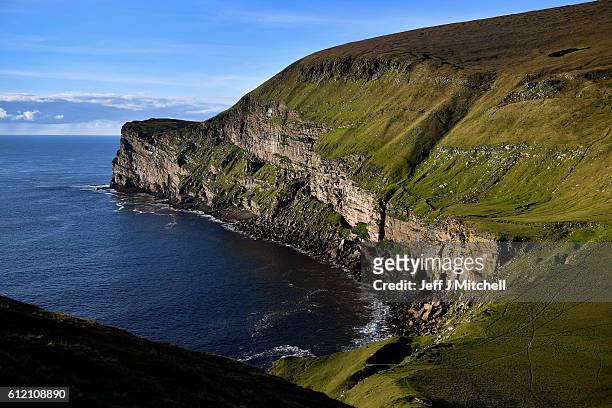 Cliffs at The Noup on the Island of Foula which has the second highest sea cliffs in the UK on October 2, 2016 in Foula, Scotland. Foula is the...