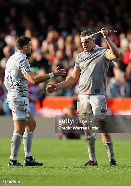 Tom Eillis and Jeff Williams of Bath Rugby shake hands after the Aviva Premiership match between Gloucester Rugby and Bath Rugby at Kingsholm Stadium...