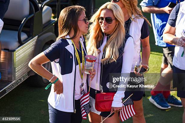 Annie Verret and Amy Mickelson of Team USA celebrate before the Closing Ceremony following singles matches of the 2016 Ryder Cup at Hazeltine...