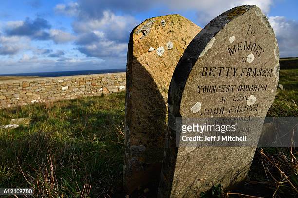 Grave stone in the Auld Kirk of a former resident Betty Fraseron the Island of Foula, September 30, 2016 in Foula, Scotland. Foula is the remotest...