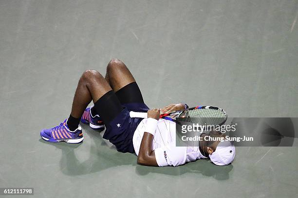 Donald Young of USA reacts after losing the men's singles first round match against Kei Nishikori of Japan on day one of Rakuten Open 2016 at Ariake...