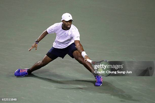 Donald Young of USA in action during the men's singles first round match against Kei Nishikori of Japan on day one of Rakuten Open 2016 at Ariake...