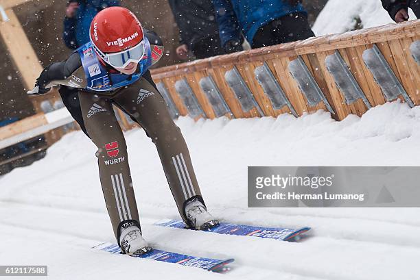 Pauline Hessler of Germany competes during Ljubno FIS Ski Jumping World Cup in Ljubno, Slovenia.