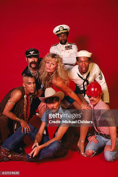 American actress Valerie Perrine with members of the disco band Village People: Ray Simpson, Glenn Hughes, Alex Briley, Felipe Rose, Randy Jones and...