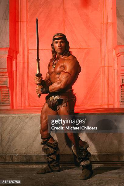 Austrian-born American actor Arnold Schwarzenegger stars in movie Conan the Destroyer by American director, screenwriter and producer Richard...