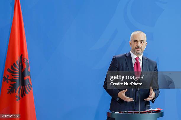 German Chancellor Angela Merkel and the Prime Minister of the Republic of Albania Mr Edi Rama at the Chancellor's at press conference in Berlin, on...