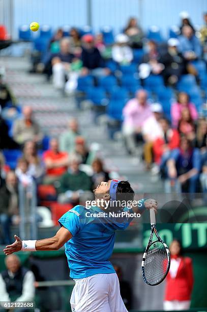 Fabio Fognini of Italy during his straight sets victory against Andy Murray of Great Britain during day three of the Davis Cup World Group Quarter...