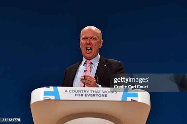 Secretary of State for Transport, Chris Grayling, delivers a speech about the economy on the second day of the Conservative Party Conference 2016 at...