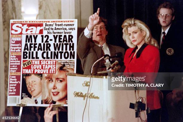 Gennifer Flowers holds a news conference on January 27, 1992 with her lawyer to say that she did have a 12-year affair with democratic presidential...