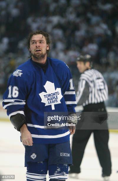 Darcy Tucker of the Toronto Maple Leafs looks on against the New York Islanders during game four of the Stanley Cup playoffs at the Nassau Coliseum...