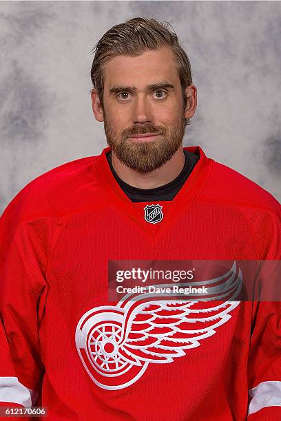 Henrik Zetterberg of the Detroit Red Wings has his official NHL head shot taken at Centre Ice Arena on September 22, 2016 in Traverse City, Michigan.