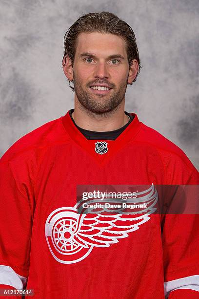 Eric Tangradi of the Detroit Red Wings has his official NHL head shot taken at Centre Ice Arena on September 22, 2016 in Traverse City, Michigan.