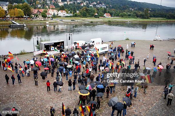 People attend a ralley of right wing citizens movement "Festung Europa" on German Unity Day on October 3, 2016 in Dresden, Germany. Unity Day, called...