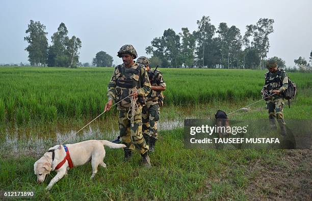 Indian Border Security Force soldiers with sniffer dogs check land mines during a patrol at the India-Pakistan border in R.S Pora, southwest of...