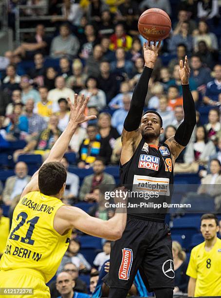 Dragan Milosavijevic of Alba Berlin and Chris Babb of ratiopharm Ulm during the game between Alba Berlin and the ratiopharm Ulm on october 3, 2016 in...