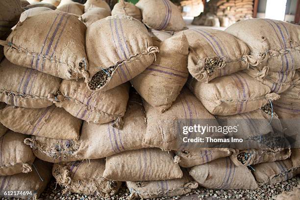 Mim, Ghana Stacked canvas bags of cashew nuts in the MIM cashew processing company on September 07, 2016 in Mim, Ghana.