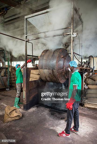 Mim, Ghana Two African workers of the MIM cashew processing company operate a machine, in which cashew nuts are roasted on September 07, 2016 in Mim,...