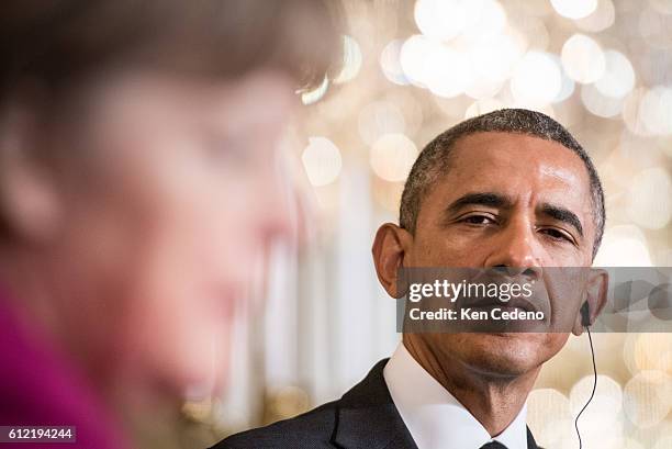 President Barack Obama meets with German Chancellor Angela Merkel in the East Room of the White House Monday February 9, 2015. Obama and Merkek met...