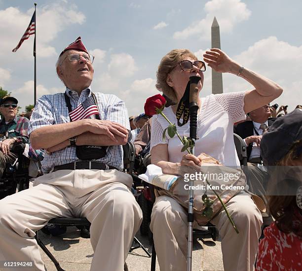 Eli Linden left, and his wife, right, watch the array of World War II aircraft fly over the National Mall celebrating the 70th anniversary of Victory...