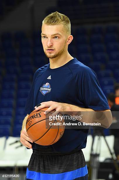 Domantas Sabonis of the Oklahoma City Thunder shoots prior to the game against Real Madrid as part of the 2016 Global Games on October 3, 2016 at the...