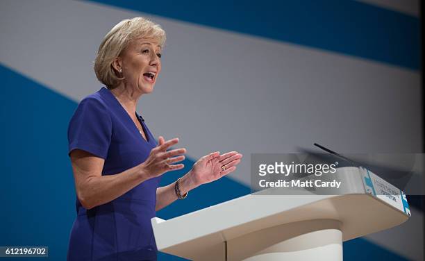 Minister of State at the Department of Energy and Climate Change Andrea Leadsom speaks on the second day of the Conservative Party Conference 2016 at...