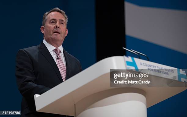 Secretary of State for International Trade Liam Fox speaks on the second day of the Conservative Party Conference 2016 at the ICC Birmingham on...