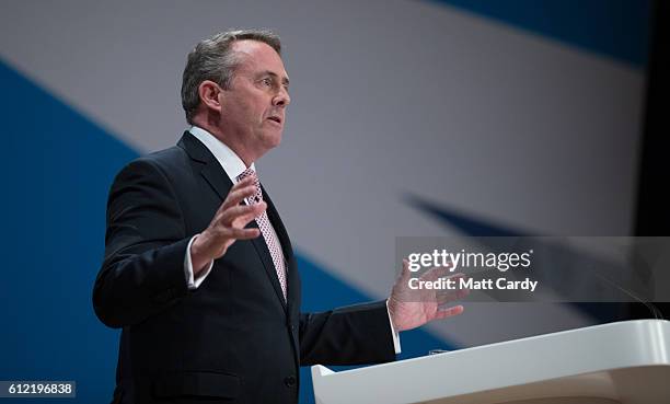 Secretary of State for International Trade Liam Fox speaks on the second day of the Conservative Party Conference 2016 at the ICC Birmingham on...