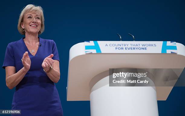 Minister of State at the Department of Energy and Climate Change Andrea Leadsom speaks on the second day of the Conservative Party Conference 2016 at...