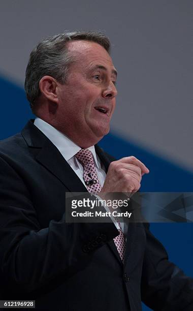 Secretary of State for International Trade Liam Fox speaks on the second day of the Conservative Party Conference 2016 at the ICC Birmingham on...