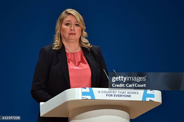 Secretary of State for Culture, Media and Sport, Karen Bradley, delivers a speech about the economy on the second day of the Conservative Party...