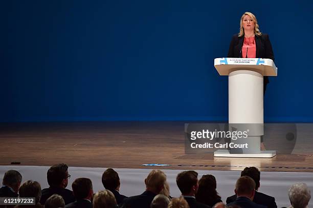 Secretary of State for Culture, Media and Sport, Karen Bradley, delivers a speech about the economy on the second day of the Conservative Party...