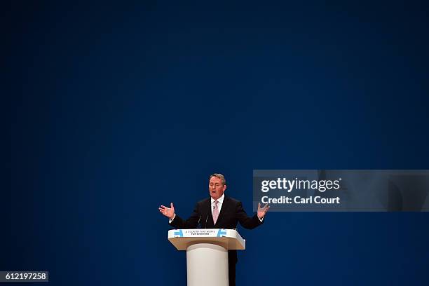 Secretary of State for International Trade, Liam Fox, delivers a speech about the economy on the second day of the Conservative Party Conference 2016...